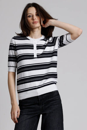 Minnie Rose Cotton Cashmere Striped Short Sleeve Crewneck Henley