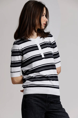 Minnie Rose Cotton Cashmere Striped Short Sleeve Crewneck Henley