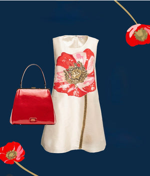 Frances Valentine Alice Shift Dress with Sequin Flower Paradise Poppy, Oyster