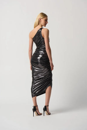 Joseph Ribkoff One Shoulder Shirred Metallic Dress