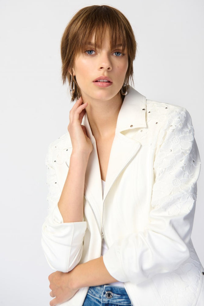Joseph Ribkoff Studded Foiled Suede Jacket with Floral Applique