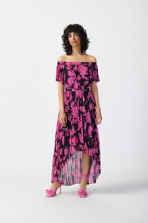 
            
                Load image into Gallery viewer, Joseph Ribkoff Floral Print Chiffon Off the Shoulder Pleated Dress
            
        