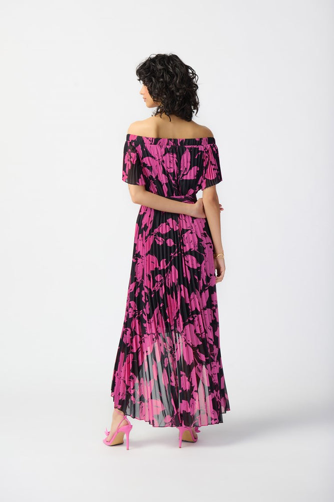 
            
                Load image into Gallery viewer, Joseph Ribkoff Floral Print Chiffon Off the Shoulder Pleated Dress
            
        