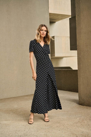 Joseph Ribkoff Silky Knit Dot Print Wrap Culotte Jumpsuit