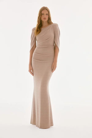 Joseph Ribkoff Lurex Knit Draped Trumpet Gown, Champagne