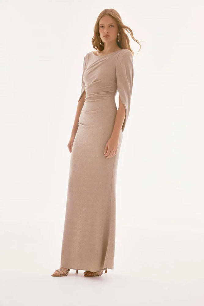 Joseph Ribkoff Lurex Knit Draped Trumpet Gown, Champagne