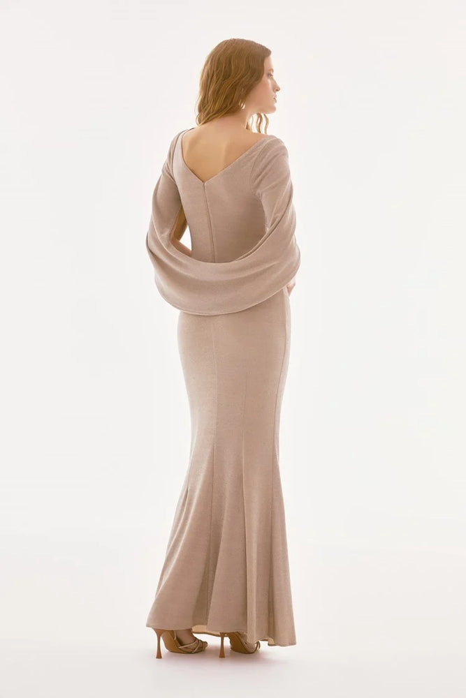 Joseph Ribkoff Lurex Knit Draped Trumpet Gown, Champagne