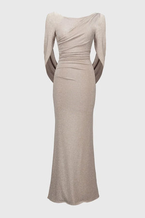 Joseph Ribkoff Lurex Knit Draped Trumpet Gown, Champagne