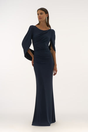 Joseph Ribkoff Lurex Knit Draped Trumpet Gown, Navy