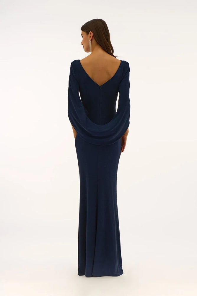 Joseph Ribkoff Lurex Knit Draped Trumpet Gown, Navy