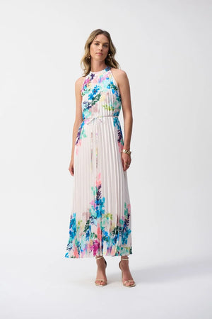 Joseph Ribkoff Pleated Satin Floral Print Maxi Dress