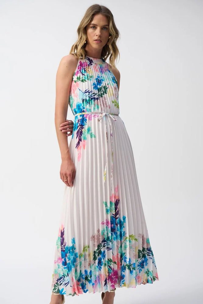 Joseph Ribkoff Pleated Satin Floral Print Maxi Dress