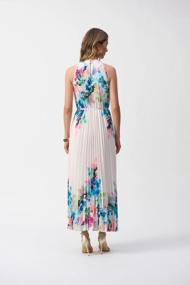 Joseph Ribkoff Pleated Satin Floral Print Maxi Dress