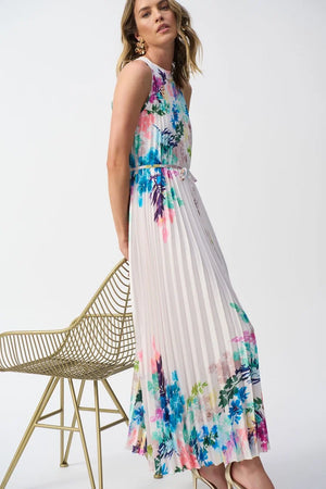 Joseph Ribkoff Pleated Satin Floral Print Maxi Dress