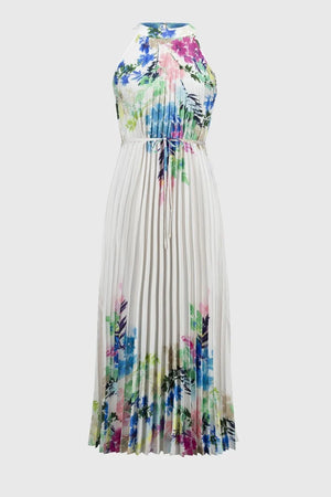 Joseph Ribkoff Pleated Satin Floral Print Maxi Dress