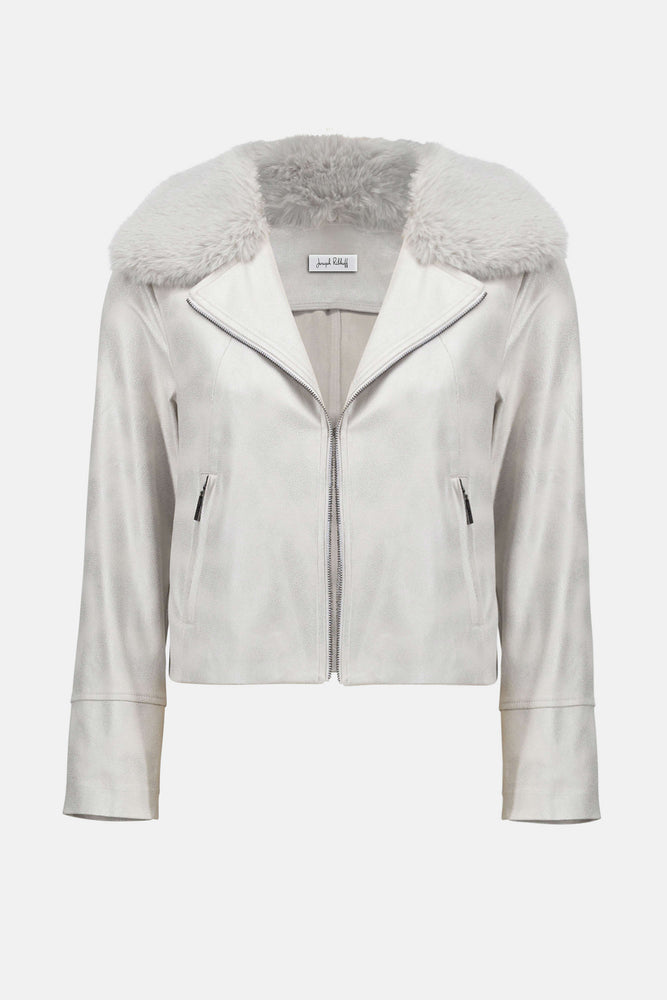 Joseph Ribkoff Foiled Suede Swing Jacket with Faux Fur Collar