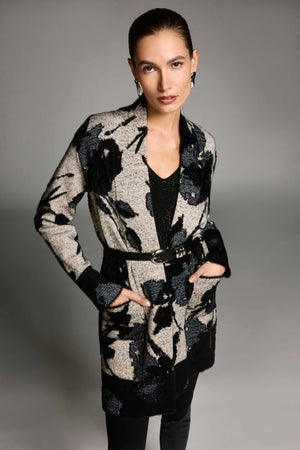 Joseph Ribkoff Abstract Jacquard Sweater-Knit Long Cardigan