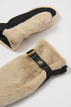Joseph Ribkoff Faux Fur and Leatherette Mittens, Almond