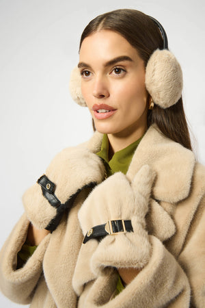 Joseph Ribkoff Faux Fur and Leatherette Mittens, Almond