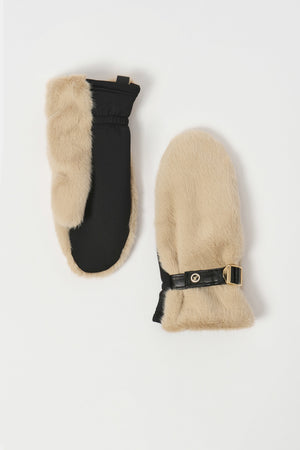 Joseph Ribkoff Faux Fur and Leatherette Mittens, Almond