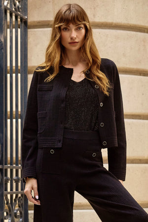 Joseph Ribkoff Sweater-Knit Crew Neck Button Front Jacket