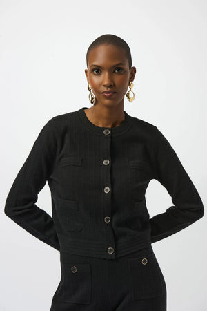 Joseph Ribkoff Sweater-Knit Crew Neck Button Front Jacket