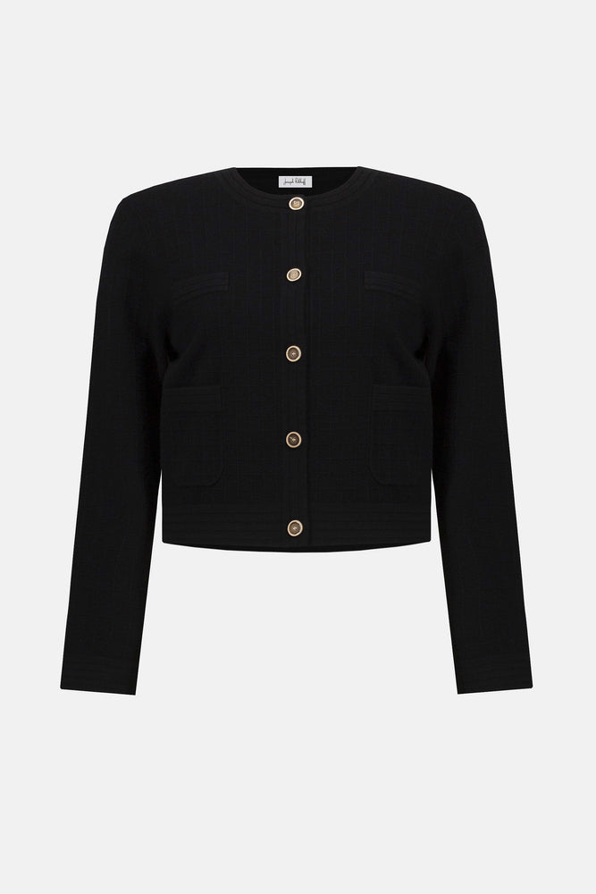 Joseph Ribkoff Sweater-Knit Crew Neck Button Front Jacket