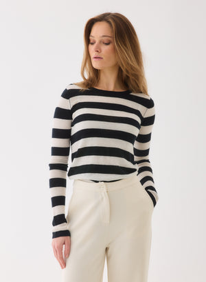 Majestic Filatures 100% Machine Washable Cashmere Stripe Long Sleeve Crewneck