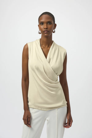 Joseph Ribkoff Satin and Silky Knit Sleeveless Wrap Top