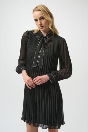 Joseph Ribkoff Pleated Chiffon A-Line Dress with Neck Tie