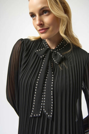Joseph Ribkoff Pleated Chiffon A-Line Dress with Neck Tie