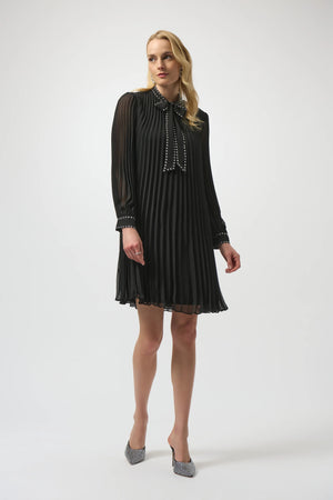 Joseph Ribkoff Pleated Chiffon A-Line Dress with Neck Tie