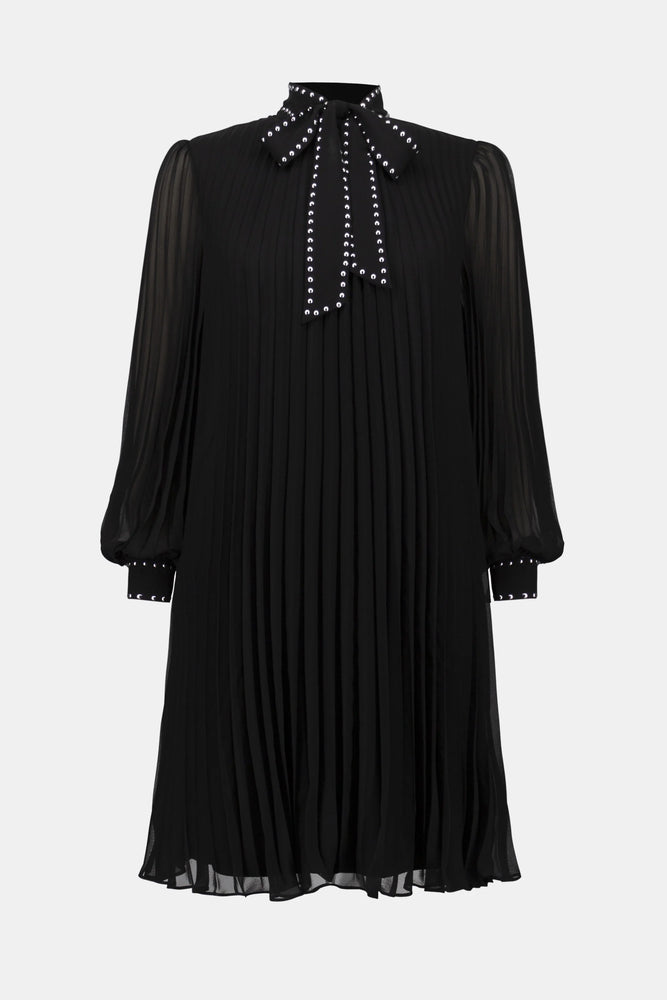 Joseph Ribkoff Pleated Chiffon A-Line Dress with Neck Tie