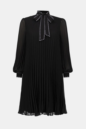 Joseph Ribkoff Pleated Chiffon A-Line Dress with Neck Tie
