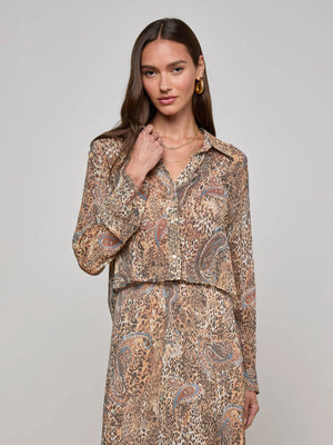 L'Agence Cosette Crop High Low Shirt, Brown/Blue Valencia Leopard