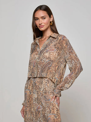 L'Agence Cosette Crop High Low Shirt, Brown/Blue Valencia Leopard