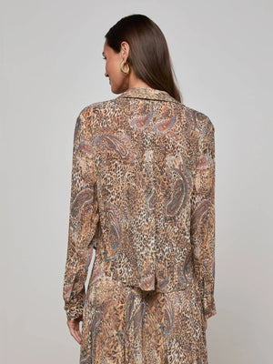 L'Agence Cosette Crop High Low Shirt, Brown/Blue Valencia Leopard