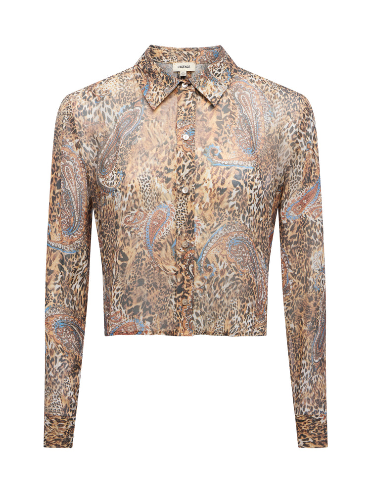 L'Agence Cosette Crop High Low Shirt, Brown/Blue Valencia Leopard