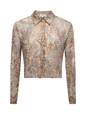L'Agence Cosette Crop High Low Shirt, Brown/Blue Valencia Leopard
