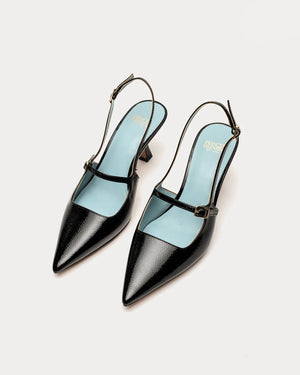 Frances Valentine Vivi Pump with Buckle, Crinkled Black