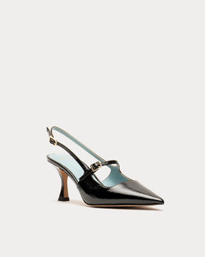 Frances Valentine Vivi Pump with Buckle, Crinkled Black