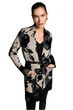 Joseph Ribkoff Abstract Jacquard Sweater-Knit Long Cardigan