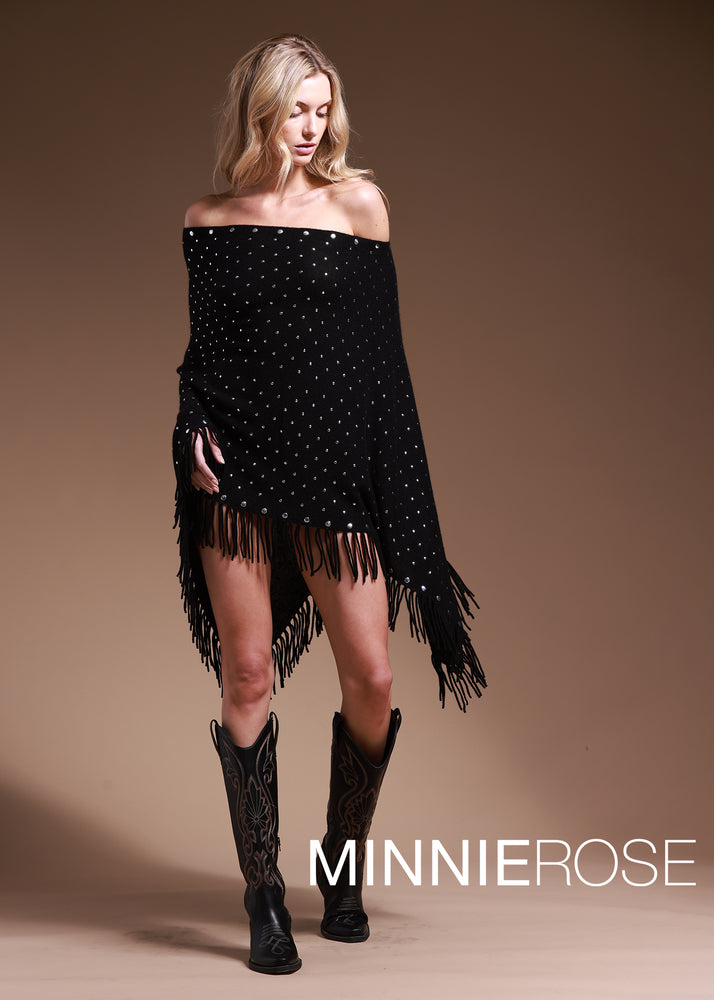 Minnie Rose Cashmere Fringe Ruana with Studs