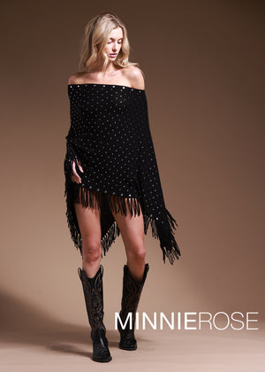 Minnie Rose Cashmere Fringe Ruana with Studs