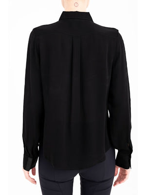 Elaine Kim Clarice Silk Bias Fitted Pullover Shirt with Vegan Leather Trim, Black