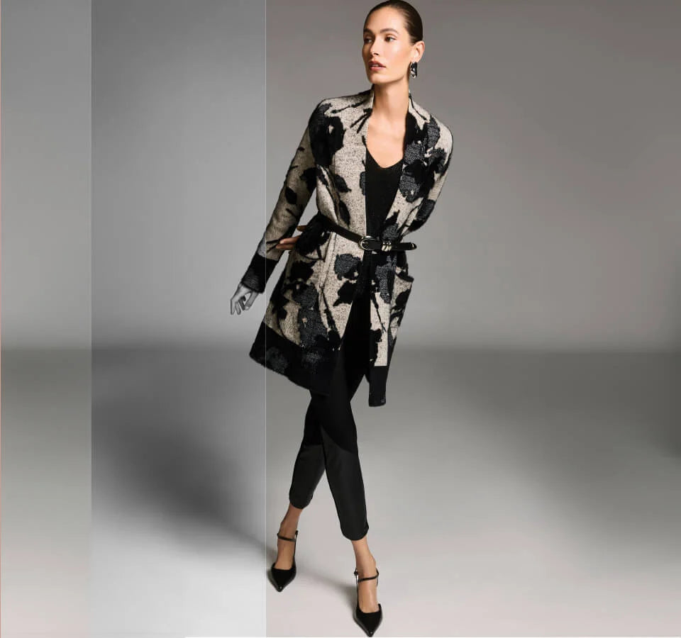 Joseph Ribkoff Abstract Jacquard Sweater-Knit Long Cardigan