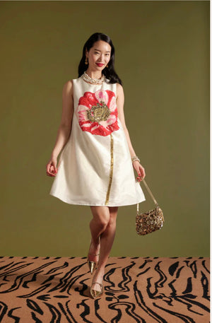 Frances Valentine Alice Shift Dress with Sequin Flower Paradise Poppy, Oyster