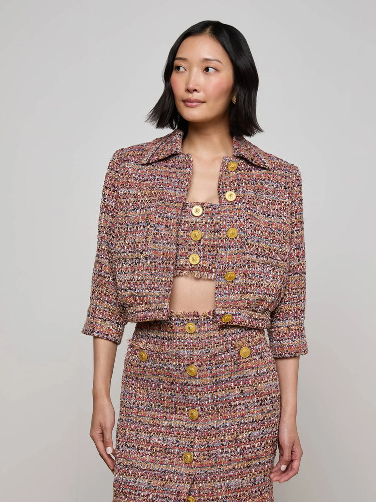 L'Agence Jia Crop 3/4 Sleeve Jacket, Mauve and Tan Tweed