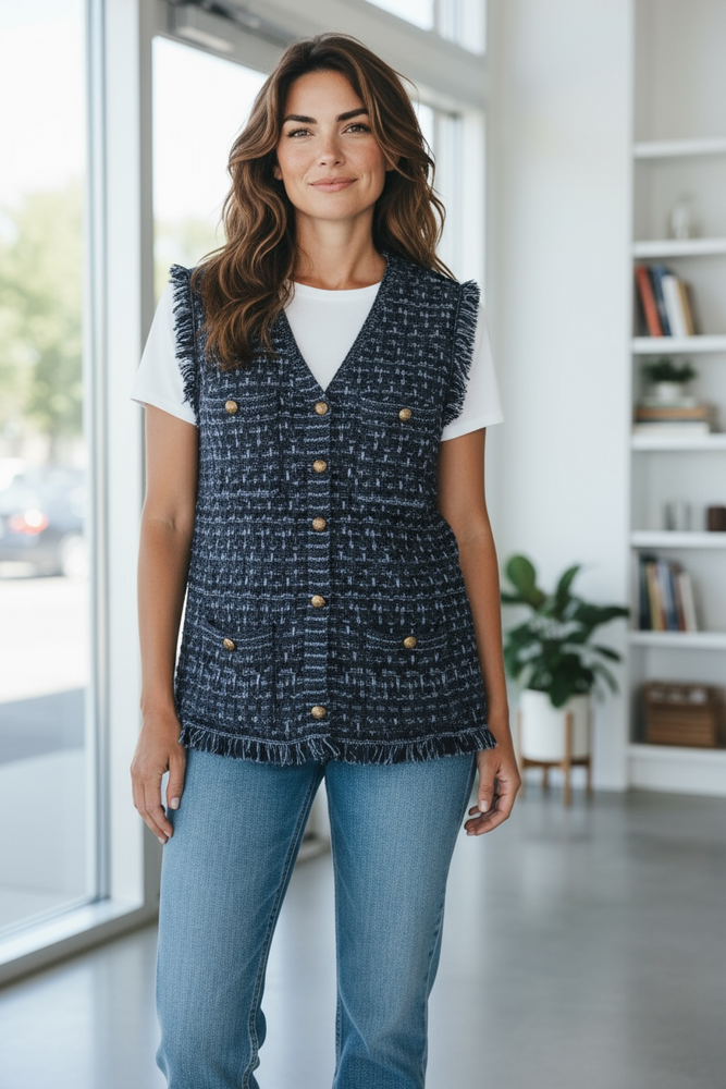 Autumn Cashmere Long Tweed Vest with Fringe