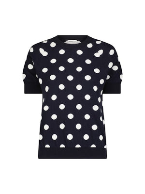 Minnie Rose Cotton Cashmere Polka Dot Reversible Short Sleeve Crew, Navy/White